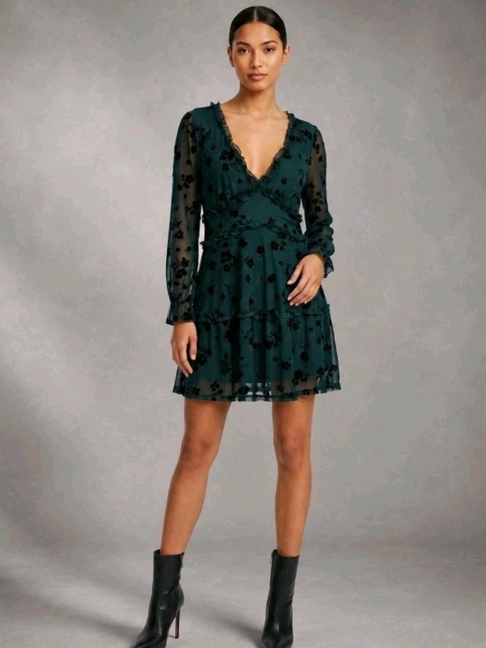 Green Floral Mini Dress Size L Black Velvet Burnout Sheer Renaissance Wimsigoth